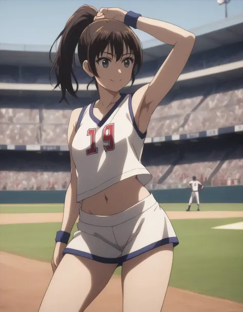 score_9, score_8_up, score_7_up, gsfghtr, ponytail, mini tank top baseball dress, white panties, 1girl, smile, (navel), building...