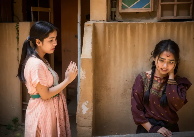 A 25-year-old girl is speaking and the girl standing in front of her is embarrassed and crying. Faces and body prints are Indian