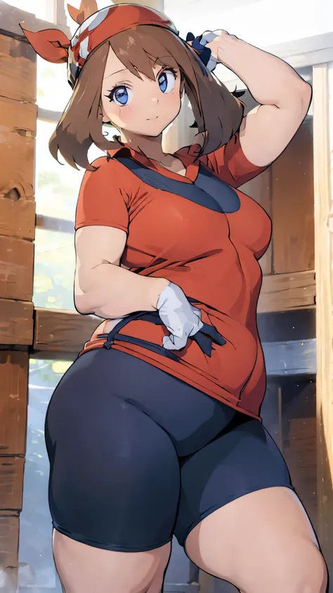 a single girl wearing a red t-shirt and black cycling shorts((  cowboy shots )),brown hair, blue eyes,short hair, chubby body,  ...