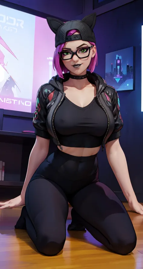 💜✨1 girl,black lips,choker,spiked choker, Night, (masterpiece) evening,sitting on the floor (Cyberpunk Night)(Best Quality) gaming ,(Alone), looking at the viewer, high detailed,extremely detailed, fine green eyes,dynamic pose,mischievous smile ,short pink...