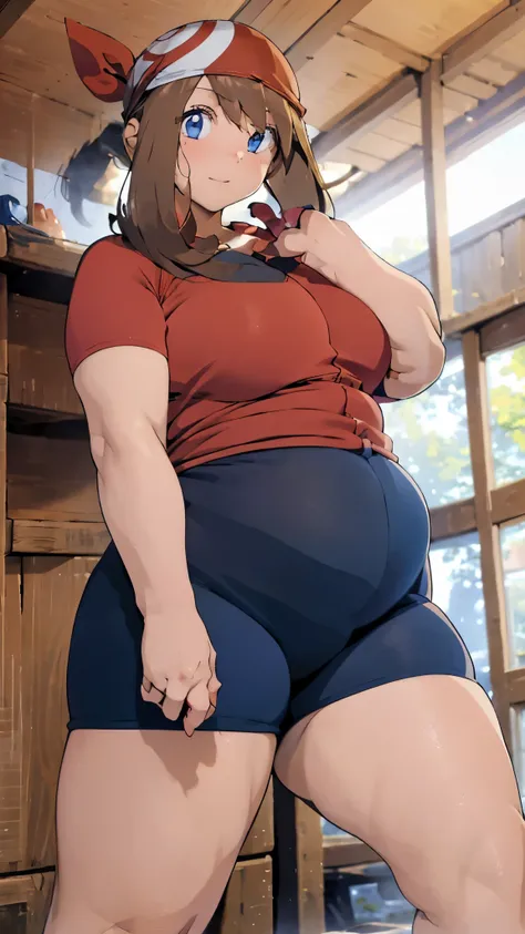 a single girl wearing a red t-shirt and black cycling shorts((  cowboy shots )),brown hair, blue eyes,short hair, chubby body,  ...