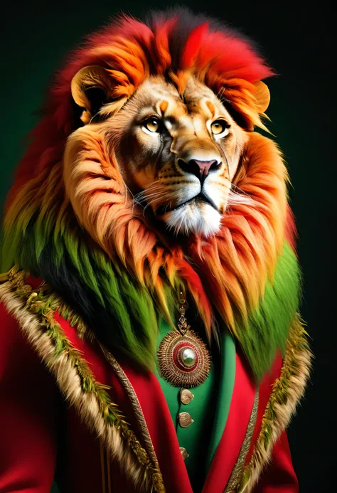 photorealistic portait of Dressed animals - a colors of the red and green lion, flaming, high quality, highly detailed, studio lighting, 