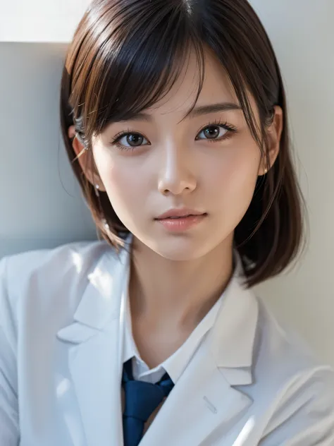 8k, masterpiece,  one girl playing pranks,Bob Hairstyle,  Taken in front of a white wall 、 Shot in natural light、Navy Business Suit 、 seen from above 、super   detail face ,  beautiful eyes,( very realistic pictures ,  high definition,   detail face ,  beau...