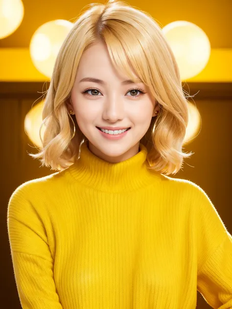 Best Quality　masterpiece　 Details　 super beautiful woman smiling and looking energetic with yellow sweater and golden hair　Yellow back 　Photo style　 imaginary　 fantasy　The yellow world