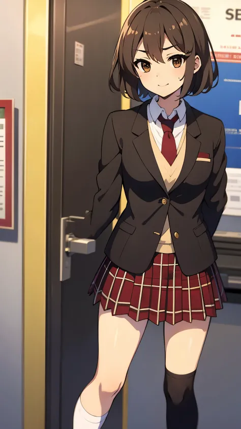 in train, anime style, ultra high res, break white socks1:4, break Best quality, adult body, UHD, face close up, serious expression , holding a book in her right hand, reading a book, black blazer, red tie, red plaid pattern skirt, brown loafer, sharpen, 3...