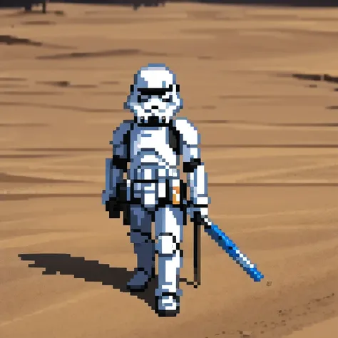 Miniature photograph of a Stormtrooper with Star Wars weapon walking through the desert leaving footprints in the sand cinematic dramatic lighting, blurred desert background.