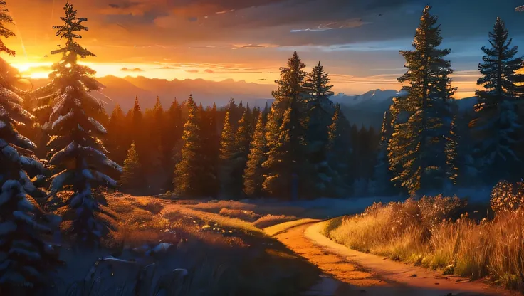 (masterpiece, Best Quality:1.2), Super detailed,   cinematic lighting,  high definition, Illustration,   sunrise, forest, Impressive, Chill,  Inspirational ,