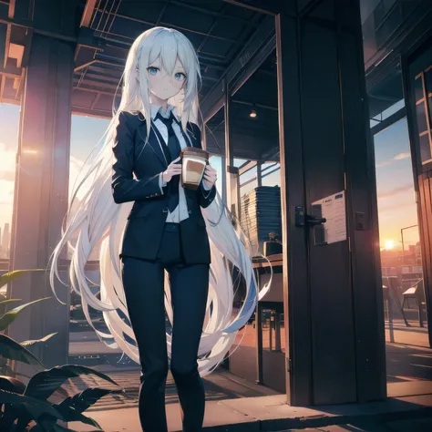 bishoujo, one lady, teenager, cute face, white hair, absurdly long hair, straight hair, ((deep blue eyes:1.5)), (holding coffee:1.4), ((business suit:1.5)), black suit, (holding shoulder bag:1.2), sitting, faint smile, sunset, late sunset, dusk, cafe, urba...