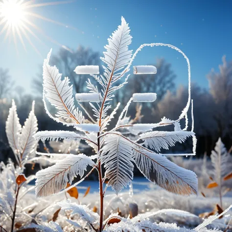 nature,3ddianshang(style),During the day,bright daylight,frost,beautiful winter outdoor scenery,the branches on the dead leaves are covered with thick white frost,the leaves are covered with white frost,the background color is cold and bright,super beautif...