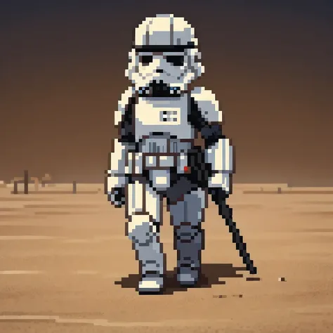 Miniature photograph of a Stormtrooper with Star Wars weapon walking through the desert leaving footprints in the sand cinematic dramatic lighting, blurred desert background.