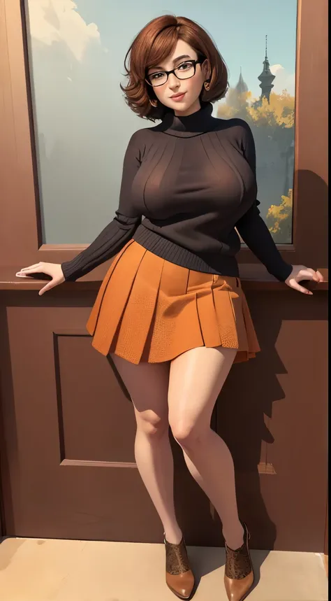 (masterpiece:1.2), (best quality), (ultra detailed), (8k, 4k, intricate),(full-body-shot:1), (highly detailed:1.2), (detailed face:1.2), ((portrait)), (dynamic pose:1.2)  Velma, 1girl, solo, bare breasts, looking at viewer, short hair, skirt, large breasts...