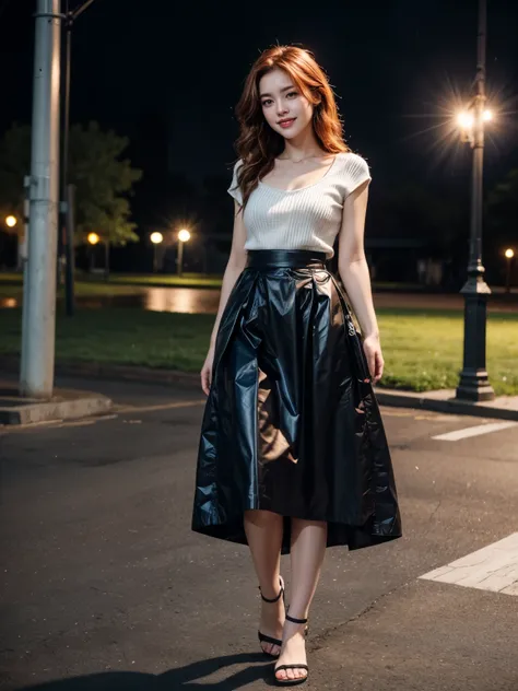 beautiful 26 year old woman。She is wearing a shirt, flowing skirt that reaches her knees。sweet smile。her red hair、her hair is long and wavy 。Her arms are slightly open in front of her, as if about to give a comforting hug .　High resolution、masterpiece、high...