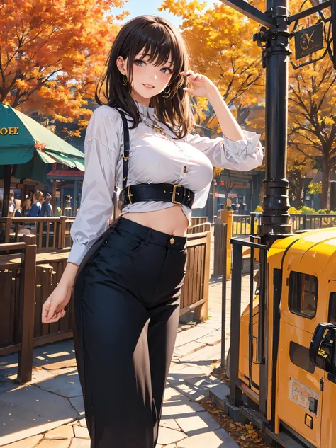  theme parks , Best Quality, shape,  VERY DETAILS,  Details,  Kampala , 8k wallpaper,  perfect dynamic composition,  beautiful details,   natural lips,  Autumn casual outfit, Big Breasts,  Clevis, She is smiling in a cute pose.., A total masterpiece,  Side...