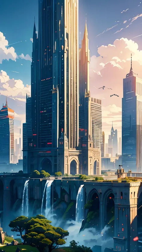 Huge castles and skyscrapers floating in the sky Cyberpunk Otherworldly fantasy Highest quality Ultra HD Utopia 8K Huge waterfalls Nature