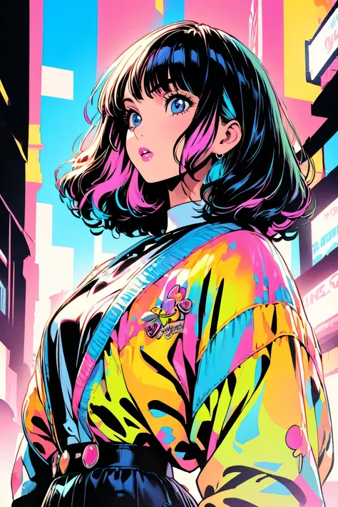 (highest quality:1.2, City Pop Style, Very detailed, up to date, Vibrant, High Contrast, masterpiece:1.2, highest quality, Best aesthetics), girl, ((Face Up Shot:1.4)), Colorful Hair, Bobcut, pastel colour, 1980s style, ((retro, Vintage, Solid color backgr...