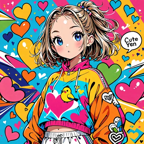  hyperrealism, Simple Line Acronym，Abstract art，Morikura Yen style  , ((( The most beautiful girl ever))),  Colorful hearts, sports Fashion, (((The background is a cute doodle))), (((Cute little bird))),  stylish design , 