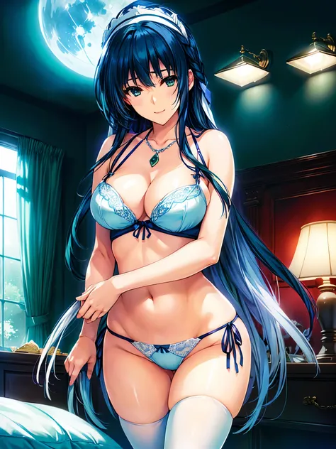 ((beautiful ultramarine blue hair 、 long hair 、in underwear、white string panties、 white bra、big breasts、 cleavage、captivating th...