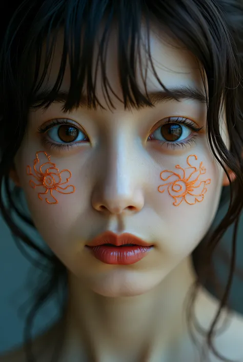 In a softly lit, mystical medium closeup portrait, a womans ethereal visage is bathed in an inviting glow. Patterns dance across her features, drawing the viewers eye. Proper lighting settings whisper secrets, evoking an air of mystery. The subjects expre...