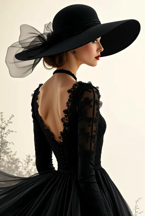 a woman in a black dress is wearing a big hat to the right, in the style of clever use of negative space, i cant believe how beautiful this is, light & shadow, crisp lines and forms, dark and intricate --ar 29:43 --v 6.0