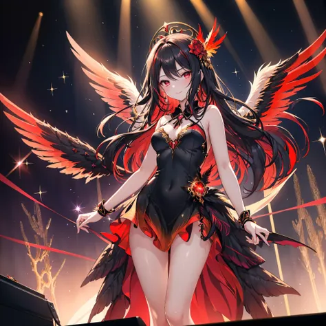 masterpiece, best quality, 1girl, solo, beautiful detailed eyes, detailed face, fantasy idol, mysterious singer, phoenix theme, standing on stage, 
(dark black long hair:1.2), (crimson red streaks in hair:1.1), flowing hair, gradient hair from deep black t...