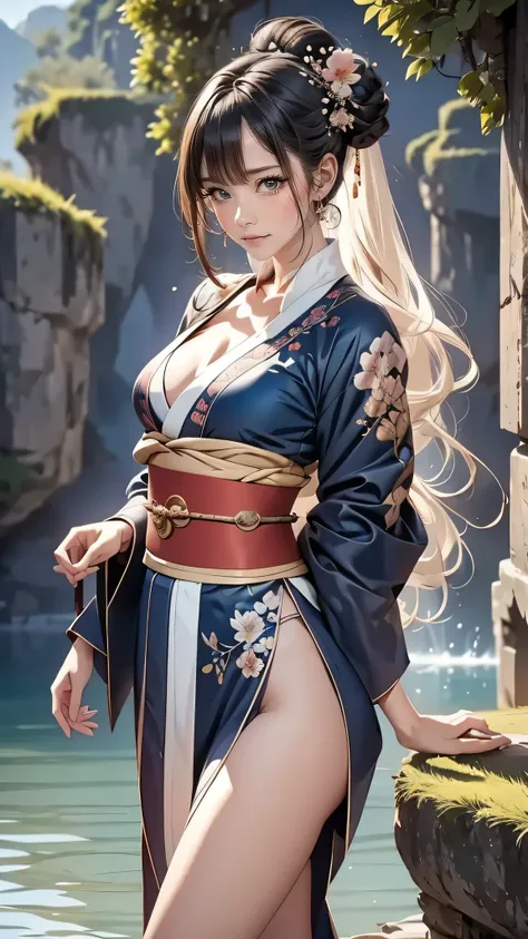 
portrait of a beautiful woman with long hair, two bun hairstyle with charming soft bangs, wearing a long navy blue kimono with small floral motifs, the collar of the kimono has charming intricate carvings, trousers of the same color, on the wrists of both...