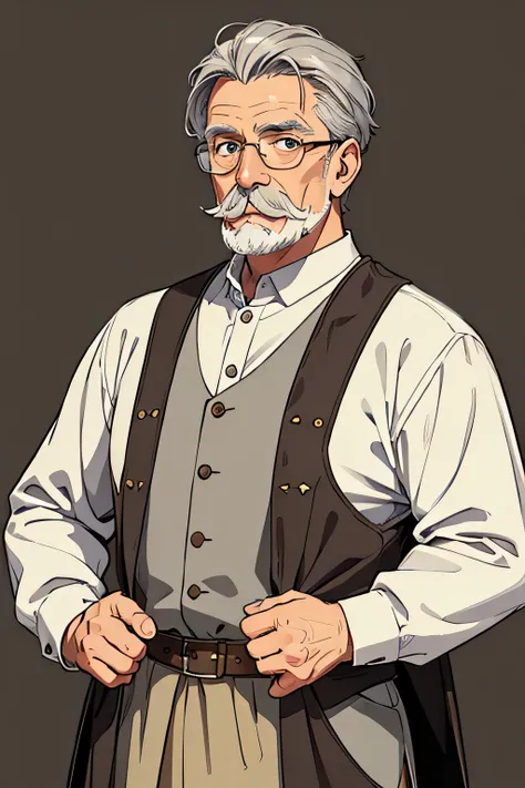 Old man with gray hair and mustache, His clothes are medieval and he wears glasses 