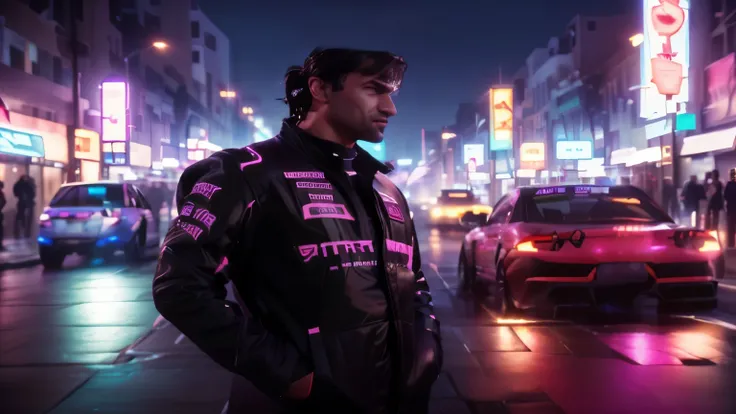 arafed man standing in the middle of a busy street at night, anton fadeev 8 k, profile picture 1024px, neon city in the background, retrowave vibes, outrun style, retrowave atmosphere, vapor wave, synthwave city, retrowave noir, outrun, synthwave aesthetic...