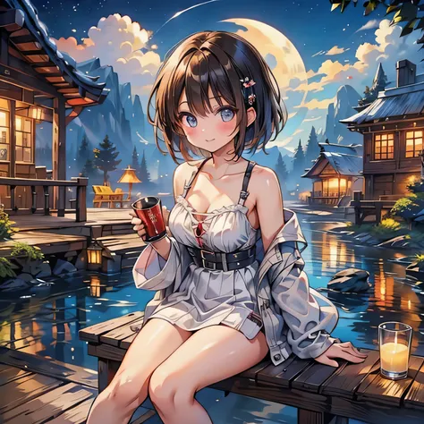 (masterpiece:1.3),(best quality:1.3),(high resolution:1.2),8k,Full moon night、Big Moon、 Lake hut wooden deck 。Beautiful brown-eyed girl drinking tea on a wooden deck。Bob 。Beautiful eyes