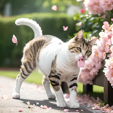 masterpiece, best quality, ultra-detailed, realistic, (1cat:1.2), (blowing petals:1.5), (motion blur:1.3)