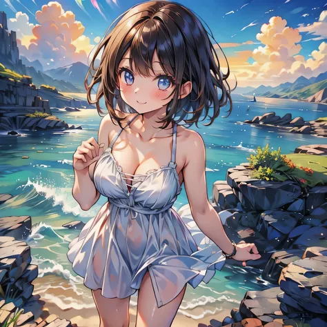 (masterpiece:1.3),(best quality:1.3),(high resolution:1.2),8k, morning glow、Beautiful brown-eyed girl standing on a breakwater with a view of the ocean。Bob 。Beautiful eyes