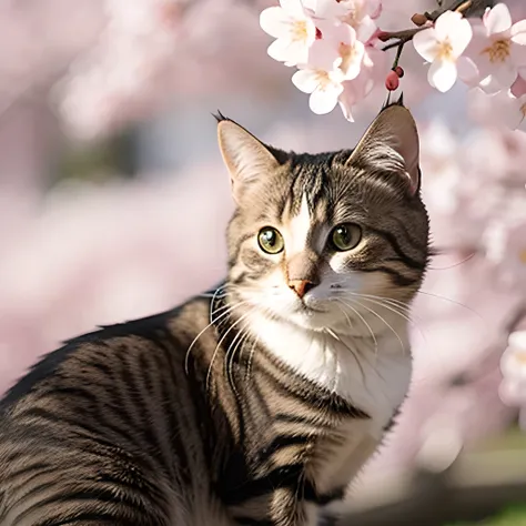 masterpiece, best quality, ultra-detailed, realistic, (1cat, stare), cherry blossoms