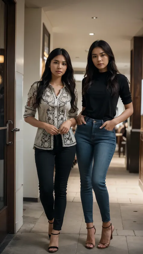 A Indonesian woman standing next to each other, an image, inspired by Adam Dario Keel, which is trending in the cg community, a beautiful young Indonesian woman in a shirt, black skinny jeans, with heels and bag, right layer wavy hair, movie screencap, lik...