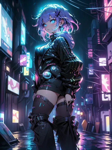 Cyberpunk Concept, rain, Neon lights, High resolution , masterpiece , necessary, Anatomically Correct, Awarded many times , The best quality, Detail, HD model, Details altos, lyrics, quality, improvement, Textured leather, UHD, from above, posing f...
