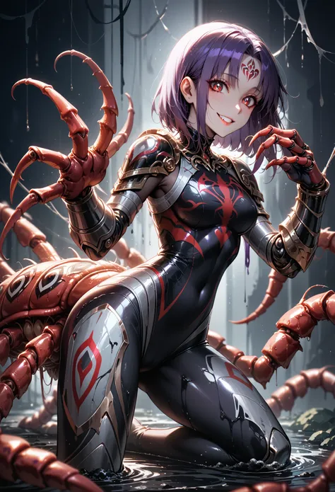 (girl fused with a centipede). succubus style. insect paws. it is based on the motif of a centipede. metallic. light armor. red ...