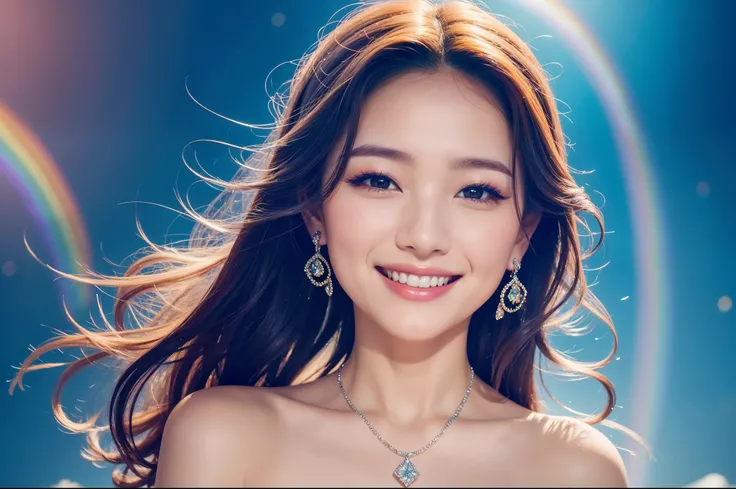 Best Quality　masterpiece　 Details　A super beautiful woman is smiling and watching a rainbow covered in diamond dust　Photo style　 imaginary　Artistic　 fantasy　 Dramatic Production 