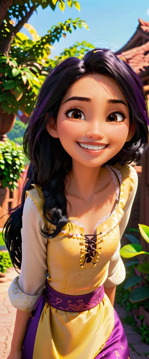 Cute woman, indonesian, smiling, right layered black tangled hair, dressed blouse gown, like disney tangled, pixar 3d animated