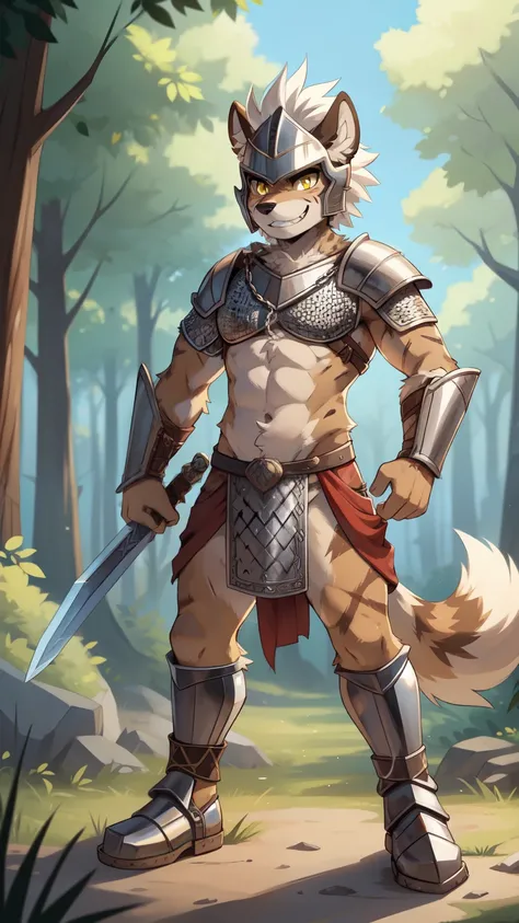 score_9,score_8_up,score_7_up, source_cartoon, source_furry, furry boy, hyena, spotted hyena, white hair, messy hair, mohawk hairstyle, yellow eyes, detailed body fur, ((chain-mail armor, red loincloth, helmet, footwear armor)), big scar on face, scar on b...