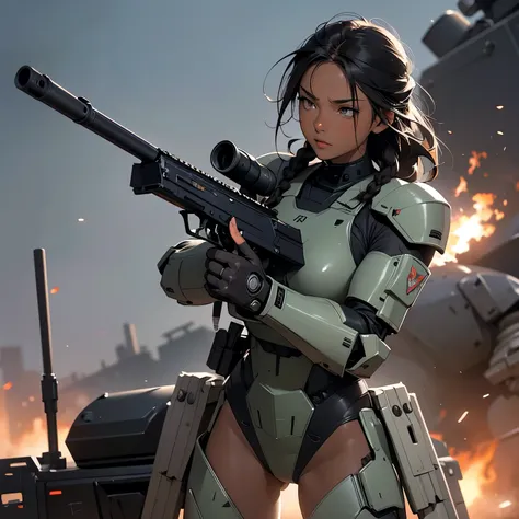 nsfw, very long shot,  anime screencap, 16k, perfect hands, perfect anatomy proportion body,  action,  Dynamic composition with a sense of speed and dynamism, (Firing an assault rifle, shooting:1.6), a wife, 40age, perfect beautiful delicate sexy face, per...