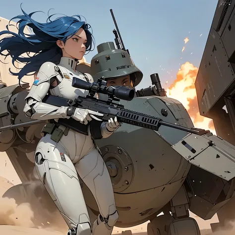 nsfw, very long shot,  anime screencap, 16k, perfect hands, perfect anatomy proportion body,  action,  Dynamic composition with a sense of speed and dynamism, (Firing an assault rifle, shooting:1.6), a wife, 40age, perfect beautiful delicate sexy face, per...