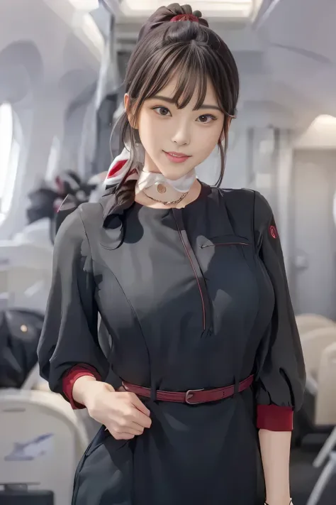 (masterpiece:1.2, Best Quality:1.2), 32K HDR,  high definition, (alone、 1 girl)、（ style wearing an Airasia Flight Attendant Uniform ）, A proper woman,  beautiful face, Brown Hair, (Long hair that reaches down to the feet), ( red jacket,  open jacket,  open...