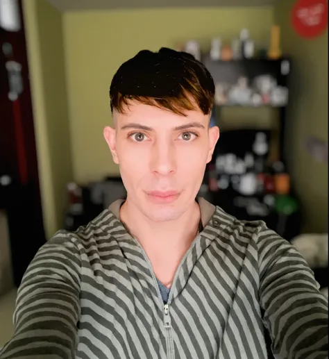  Arafat man wearing a striped shirt taking a selfie with a cell phone, Wide, clean-shaven face, with short hair, clean shaven, broad face, wide and wide , clean-shaven,  Androgynous person , androgynous face,  short hair on the top of his head ,  8k selfie...