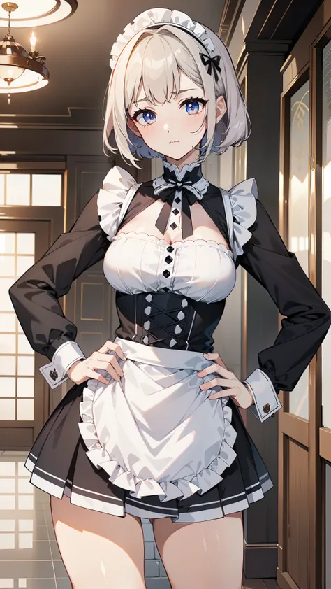 (masterpiece, best quality, ultra high quality, 1girl, solo), (((성숙한 28세 여성))), (fair skin with a hint of pink), ((Her height is 168 cm.)), (((small face))), (((She has good body proportions.))), (straight bob haircut), (silver blonde hair), ((no bangs)), ...