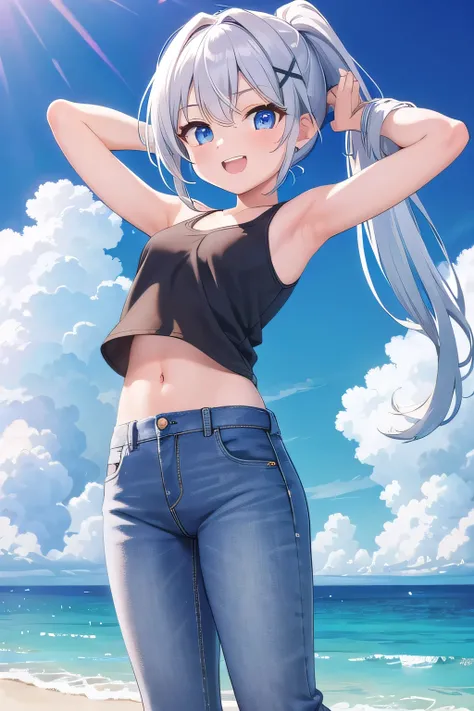 masterpiece,best quality,ultra detail,1girl, 14yo,petite,Laugh happily,background((beach, ocean, sea, beautiful sky)),sunshine,cloud, beautiful silver ponytail hair, hair ornament, x hair ornament,Raise your arms and bring them behind your head,White teeth...