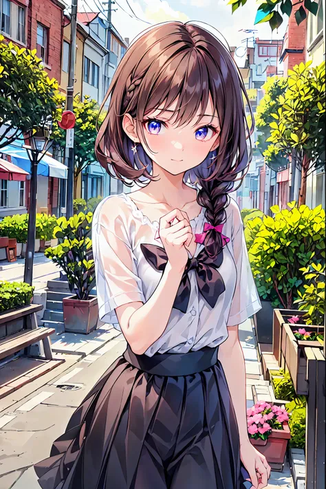 Dark brown hair color， pale pink eyes， navy blue school top，Navy straight skirt ，Kind girl，8k，，beautiful，Brown Hair， shortcuts， Unkempt Hair ，Short braided hair，Neat，Slender beauty，Correct posture，Small chest，beautiful脚， enchanting gray-blue eyes shine lik...