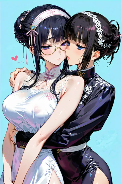 two mature women hugging their shoulders and kissing, hair over eyes, detailed hairband, (( chignon hair))、round glasses, black ...