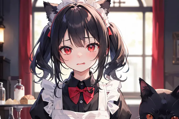 (shy, blush, wavy mouth), (above hip), 1girl, solo, (loli:1.2), red eyes, black hair, medium hair, twin tails, ((black cat_ears)), (red bowtie, white maid_apron, black shirt), (abs:0.6), (blurry background, Medieval tavern), (in 8K), Sharp Focus, ((Best Qu...