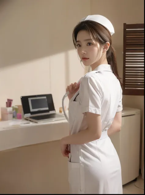 1 girl at home,(Wearing white Nurse clothes:1.2),( original photo, highest quality), ( actual , photo- actual :1.4), masterpiece, extremely detailed , Very detailed, 2k wallpaper, Wonderful, Finely, Very detailed CG unity 8k wallpaper, Very detailed,...