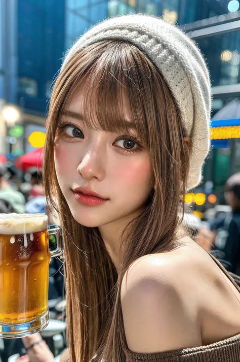 Highest quality, Tabletop, Ultra-high resolution, (Realistic:1.4), RAW Photos, One Girl, Off the shoulder, In the Dark, Deep Shadow, Modest, Cold Light, Detailed skin, have a beer with hand, dynamic angle, close-up