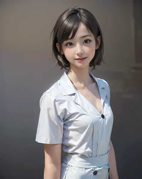 (Realistic:2.0),(High resolution:1.5),(1 girl:1.5),(solo:1.5),(Teenager:1.3),(young:1.3),(looking at the viewer),Small face,(Flat chest:1.5),short bob hair,bangs:1.2,(large eyes),(Realistic eyes),(smile:1.2),(Simple White nurse uniform),nurse skirt,