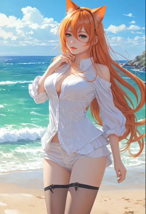 anime girl with long orange hair standing on beach near ocean, green eyes detailed digital anime art, cat ears, , anime girl with long hair, smooth anime cg art, anime girl with long hair, average breast size, digital anime art, artwork in the style of guw...